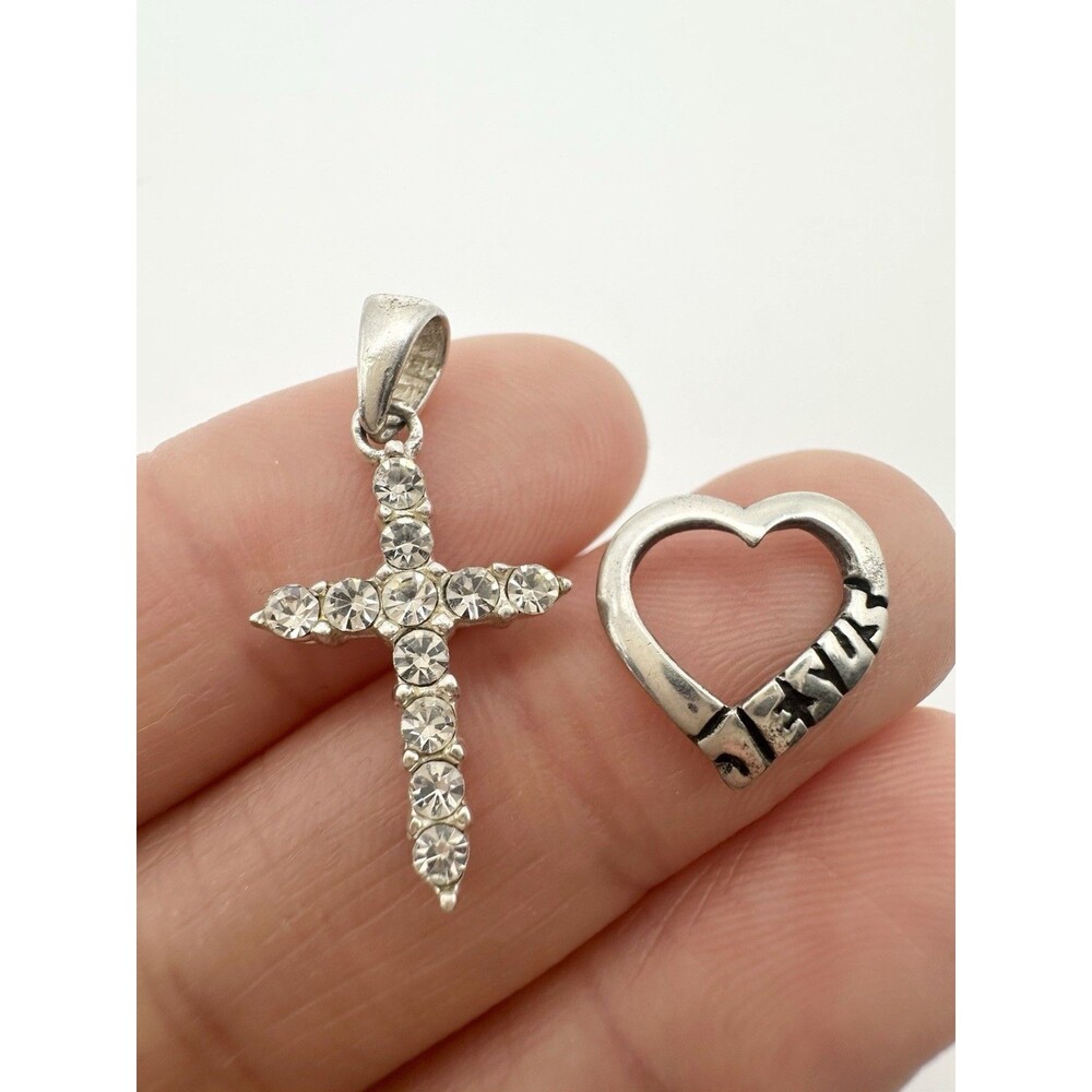 Vintage 925 Sterling Silver Cross Heart Jesus Charm Pendant Lot